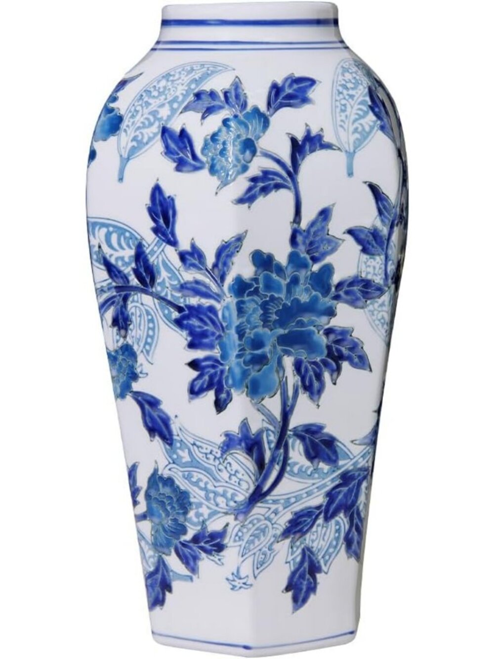 Hand-Painted Floral Chinoiserie Vase 14.6" - Blue & White Home Decor Accent